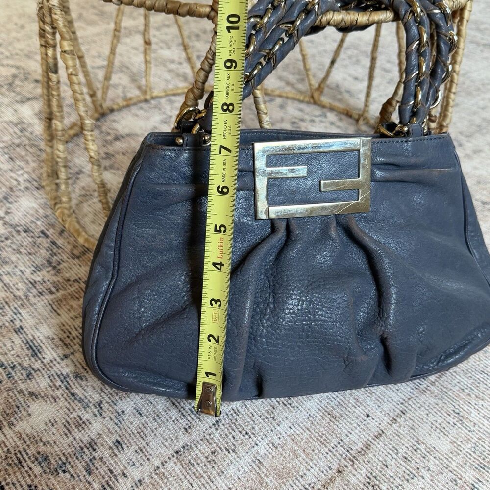 FENDI Crinkled Lambskin Mia Tote Blue Gray Leather Shoulder Handbag Authentic - Picture 11 of 16